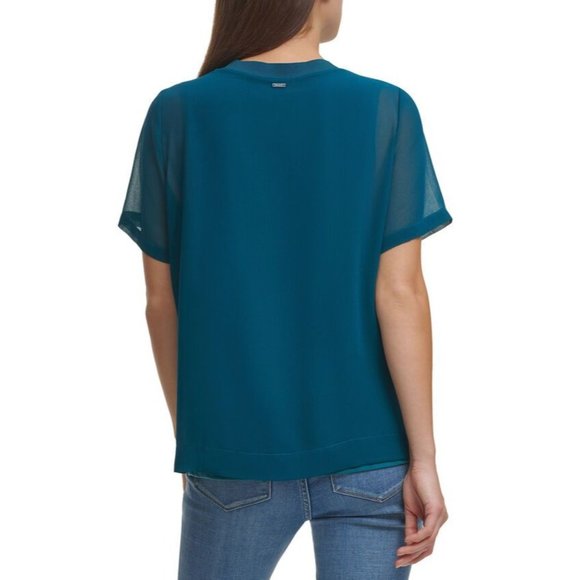 DKNY Sheer Overlay Chiffon Short Sleeve Blouse - XS NWOT - Picture 2 of 4